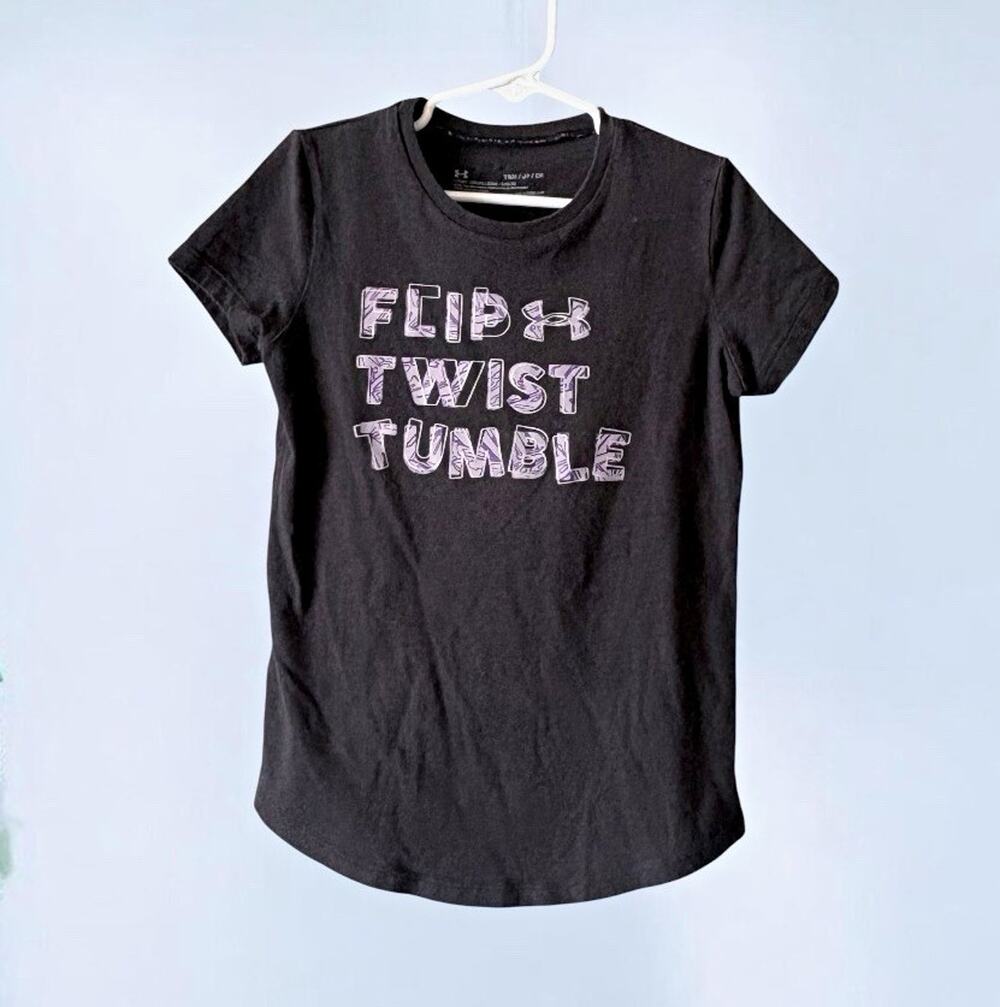 Under Armour Girls Size YSM 7/8 Black Gymnastics Flip Twist Tumble Graphic Tee